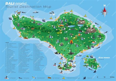 Carte Des Destinations Touristiques De Bali Avec Détails | Vecteur Premium