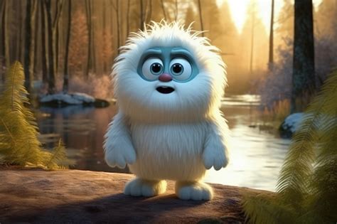 Premium AI Image | Cute Cartoon Yeti With Very Big Eyes And Pitying Gaze A Forest With A Glowing ...