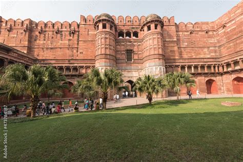 Agra Fort royal palace interior architecture with intricate wall artwork and carvings. Agra Fort ...