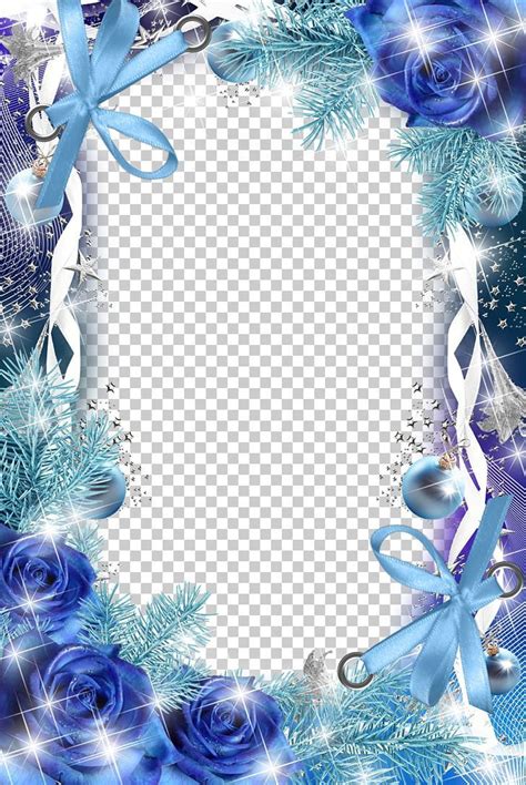 a blue christmas frame with ornaments and snowflakes on the edges, as well as an ornament