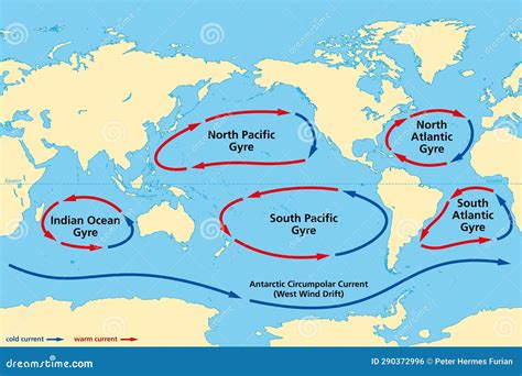 Major Ocean Gyres, World Map, of the Five Most Notable Ocean Gyres Stock Illustration ...