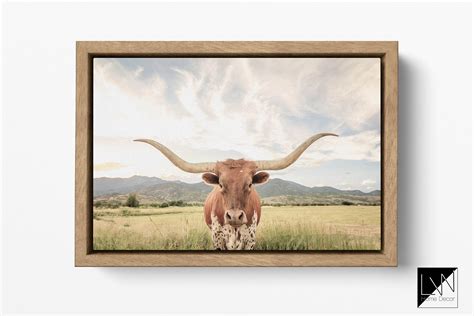 Texas longhorn steer with floating frame canvas leather print/Large ...