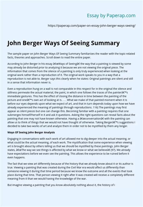 John Berger Ways Of Seeing Summary Free Essay Example