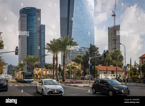 TEL AVIV, ISRAEL - January 1, 2023, Ayalon high way, train railways and ...