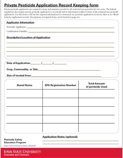 Private Pesticide Application Record Keeping form