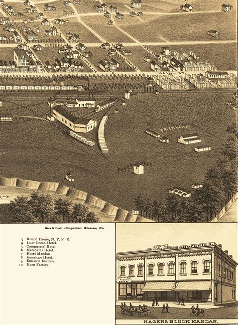 Mandan, North Dakota in 1883 - Bird's Eye View Map, Aerial, Panorama, Vintage, Antique ...