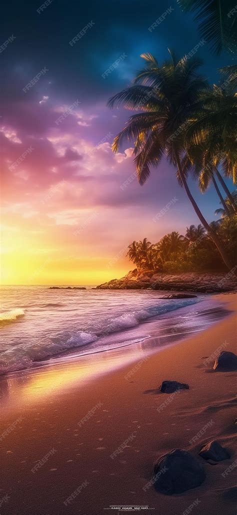 Premium AI Image | Beach wallpaper with a sunset and palm trees