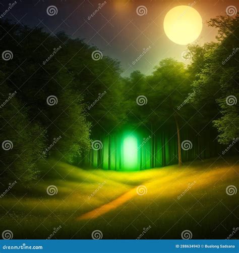 Mystical Magical Forest at Night with Glowing Lights Stock Illustration ...