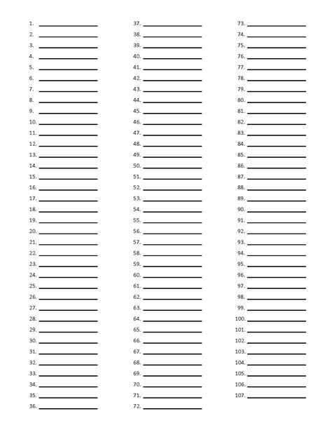 Printable Blank Numbered List 1-100