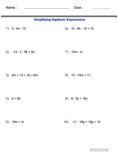 Algebraic Expressions Worksheets Simplifying Variables Worksheets 2 -3 ...