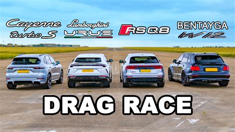 Porsche Cayenne Turbo S E-Hybrid vs Lamborghini Urus vs Audi RQ8 vs Bentley Bentayga drag race ...