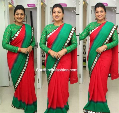 Roja in a mirror work saree – South India Fashion