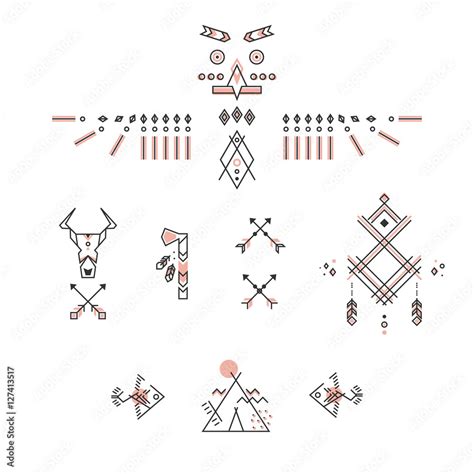 Set of american indian symbols. Stylized linear design. Vector totem, buffalo skull, tomahawk ...