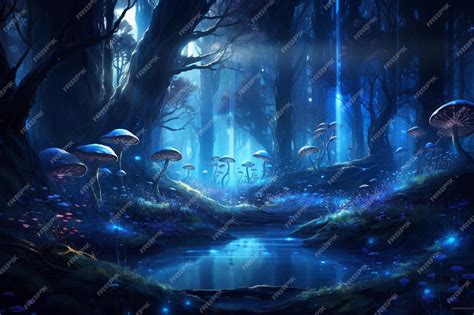 Premium AI Image | mushrooms in a dark forest with a stream in the background.