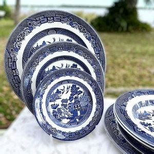 Vintage Johnson Brothers Willow Pattern Dinner Plates, Soup Bowls, Salad Plates, and Bread ...