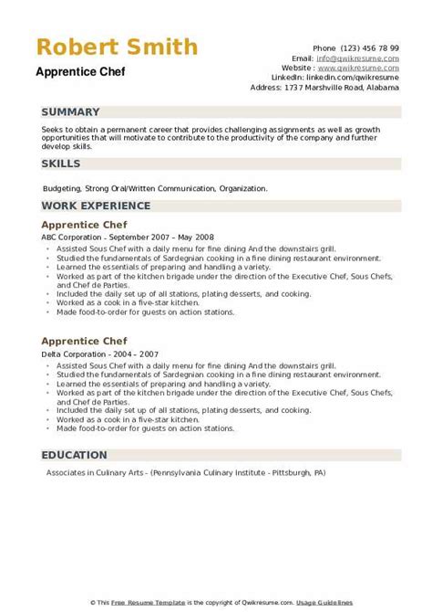 Apprentice Chef Resume Samples | QwikResume