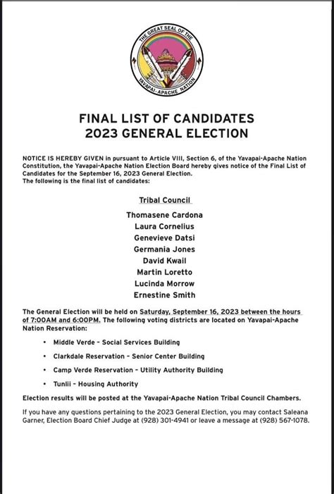 Final List of Candidates – 2023 General Election – Yavapai-Apache Nation