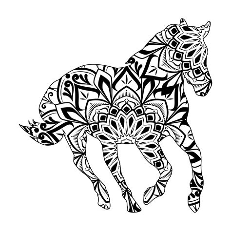 Horse mandala coloring page for kids and adults, animal mandala vector line art design style ...