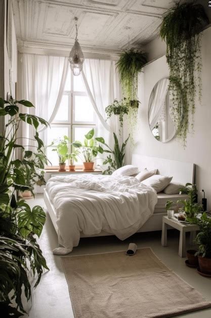 Premium AI Image | Minimalist bedroom with white linens and plants created with generative ai