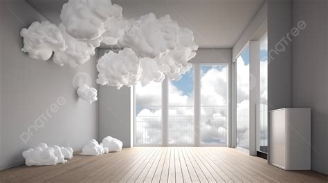 Minimal Room Interior With Floating White Fluffy Clouds In 3d Render ...