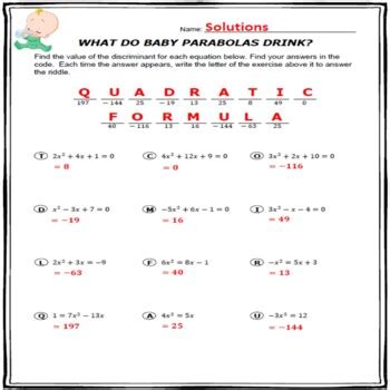 Calculating the Discriminant Riddle Worksheet by Math Worksheets