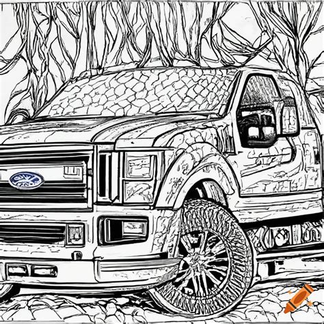 Black and white outline, adult coloring book, ford f-350 on Craiyon