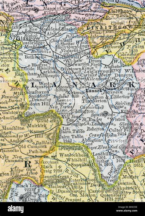 Original old map of Lanark County (Scotland) from 1884 geography textbook Stock Photo - Alamy