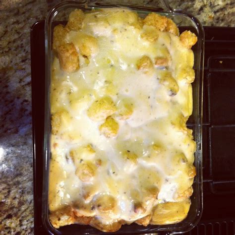 Tater Tot Casserole for Din Din: Mix Can of Cream of Mushroom,Can of Cream of Chicken,Can of ...