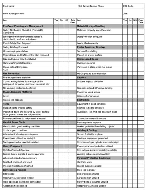 Workplace Safety Inspection Checklist Template Word