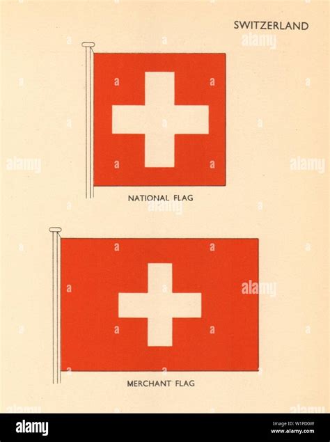 SWITZERLAND FLAGS. National Flag, Merchant Flag 1955 old vintage print ...