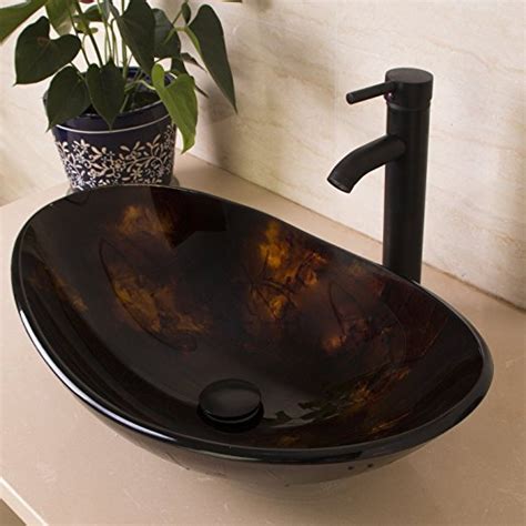 Bathroom Oval Glass Vessel Sink with Oil Rubbed Bronze Faucet and Pop-up Drain Combo