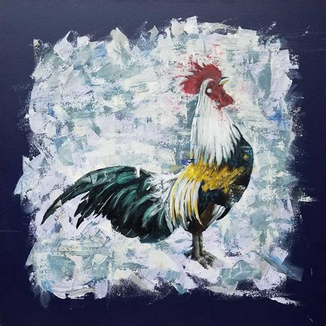 Rooster on blue - 24 x 24 - Acrylic on canvas : painting