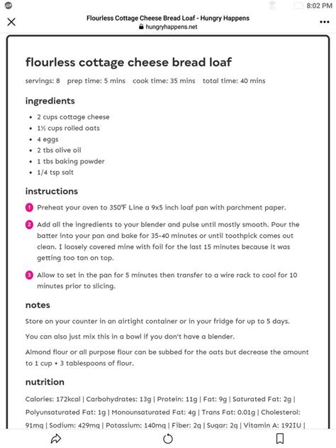 the recipe for flours cottage cheese bread loaf is shown in pink and ...