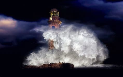 Download Wave Storm Ocean Sea Night Man Made Lighthouse HD Wallpaper