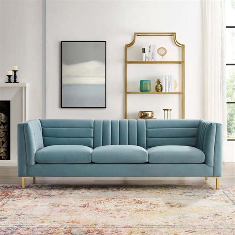 Ingenuity Channel Tufted Performance Velvet Sofa in Light Blue - Hyme Furniture