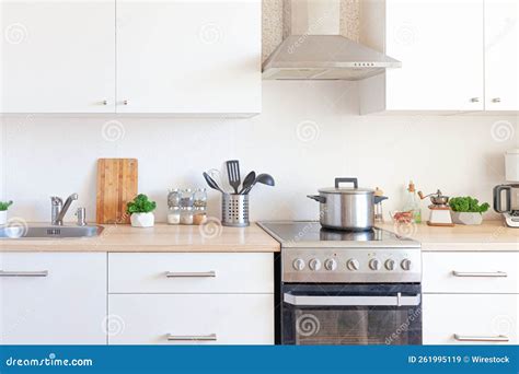 Modern Kitchen Interior Design with Light Colors. Stock Image - Image of sink, silver: 261995119