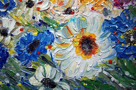 Flowers Painting Touch of Blue Meadow Oil Painting on Canvas