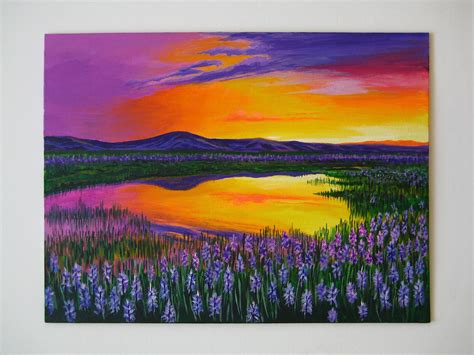 Fantastic Sunrise painting. Original artistic work in acrylic painting on canvas board. Height ...