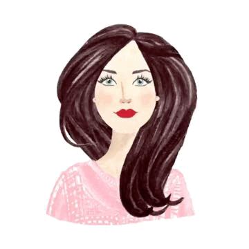 a drawing of a woman's face with long black hair and green eyes, wearing a pink sweater