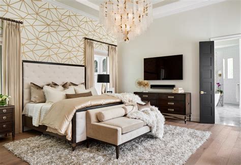 Luxe Master Bedroom with Gold and White Wallpaper Feature Wall ...