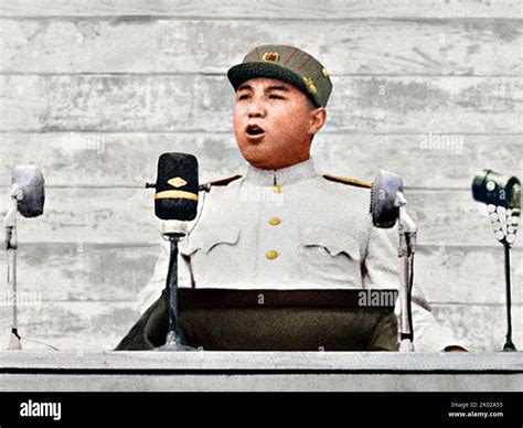 Marshal Kim Il Sung receives a military parade after the end of the war ...