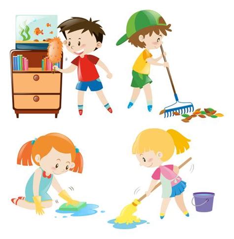 Four kids doing different chores at home 370459 Vector Art at Vecteezy