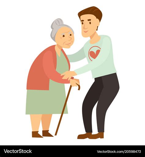 Kind male volunteer helps old lady with cane Vector Image