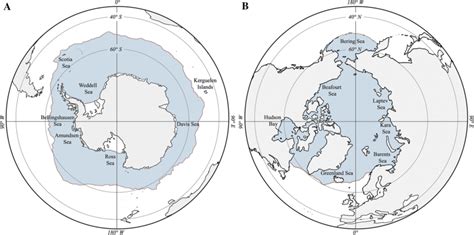 Map of the Arctic and Antarctic regions showing polar areas demarcated ...