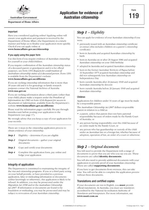 Form 119 Application for Evidence of Australian Citizenship - DocsLib