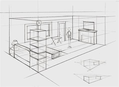 One Point Perspective Drawing Of A Bedroom