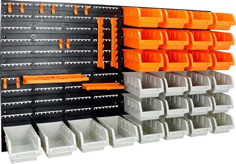 Todeco Wall Mounted Storage Bins Set with 28 Garage Organization Bins, 16 Tool Organizers ...