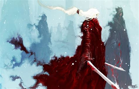 Wallpaper winter, forest, girl, snow, people, blood, smoke, figure, sword, fantasy, art, girl ...