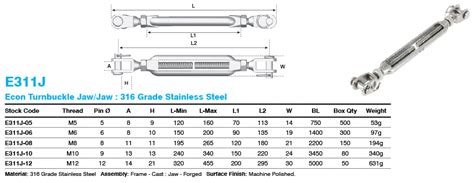 E311J Econ Turnbuckle Jaw/Jaw 316 Grade Stainless Steel