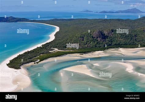 Aerial view of Whitehaven Beach, Whitsunday Island, right Hook Island ...